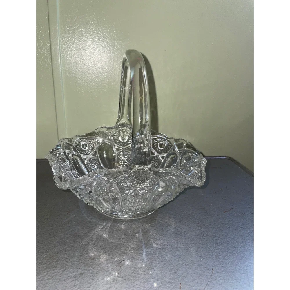Vintage Clear Pressed Glass Basket Scalloped Edge Starburst Pattern Decor 8 inch